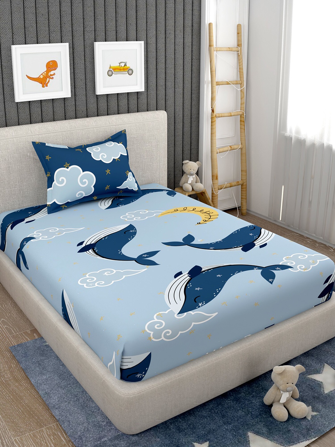 

EverHOME Blue & White Conversational 160 TC Single Bedsheet with 1 Pillow Covers