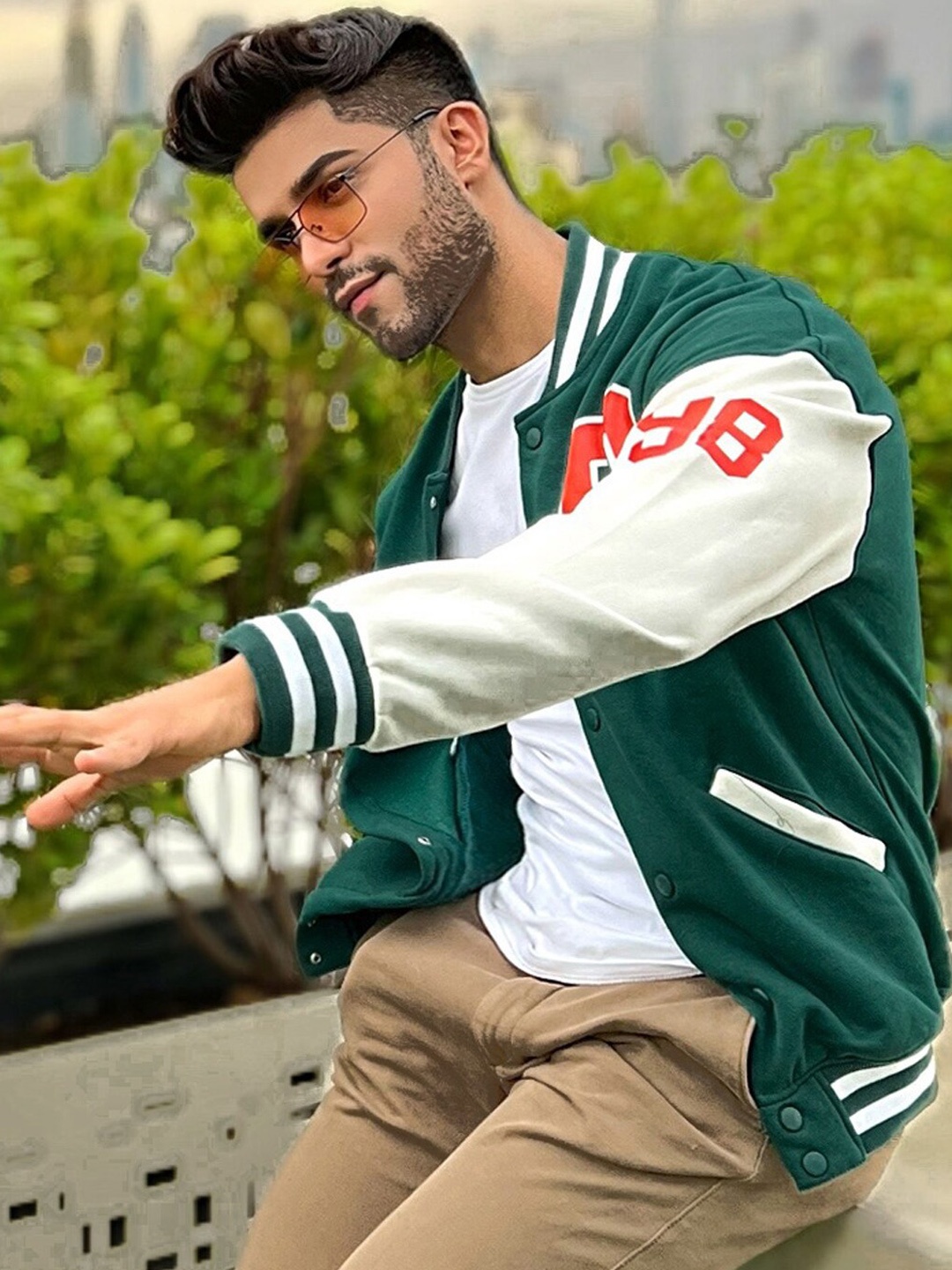 

Powerlook Men Colourblocked Organic Cotton Varsity Jacket, Green