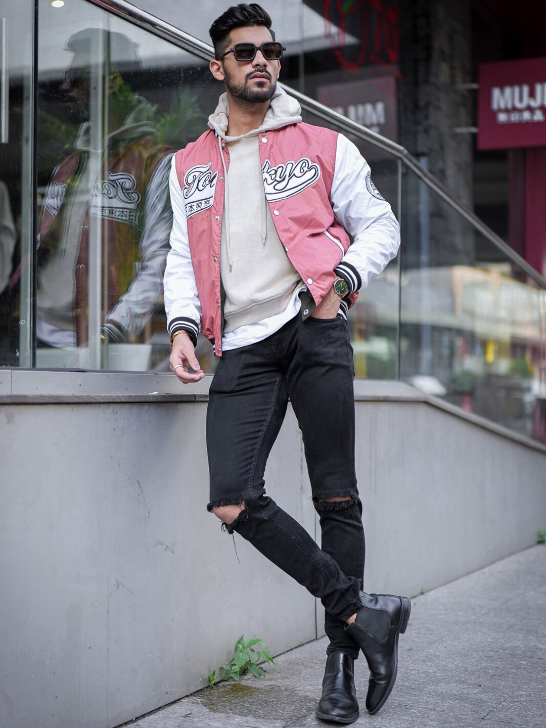 

Powerlook Peach and Olive Reversible Hooded Varsity Jacket with Patchwork Jacket