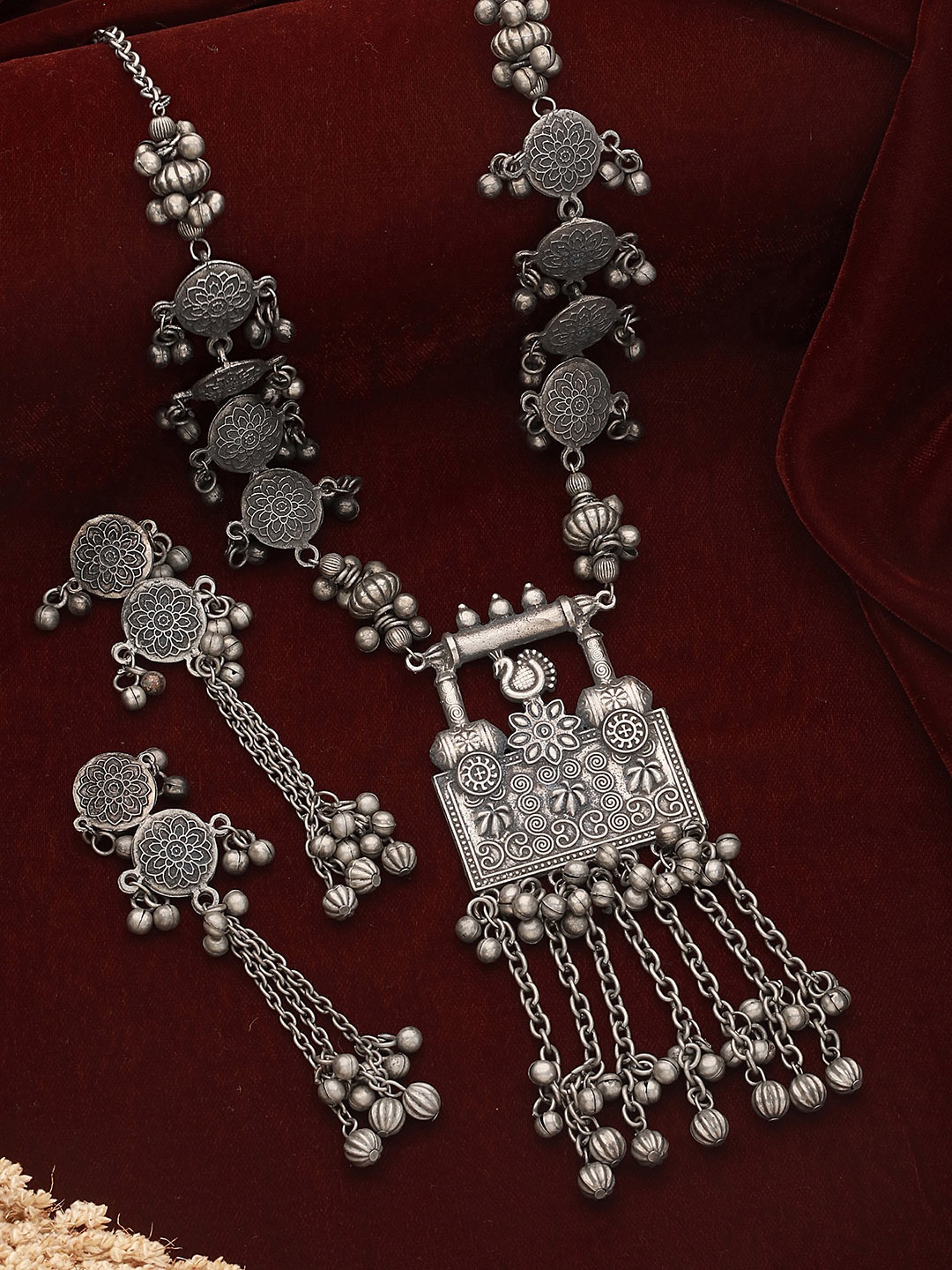

Saraf RS Jewellery Silver-Plated Oxidised Tribal Necklace and Earrings