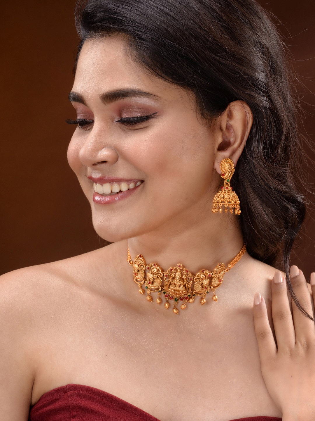 

Saraf RS Jewellery Gold-Plated AD Studded & Beaded Temple Necklace and Earrings, Pink