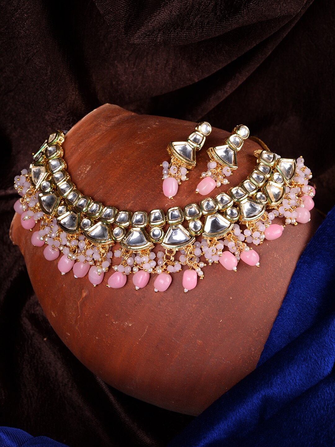 

Saraf RS Jewellery Gold-Plated Kundan Studded & Beaded Necklace and Earrings, Pink