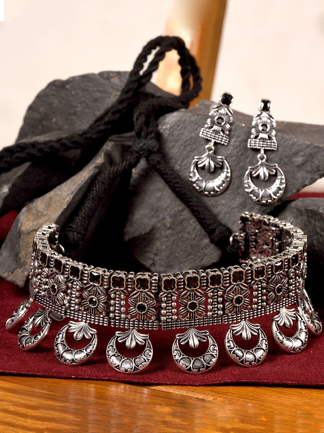 

Saraf RS Jewellery Silver-Plated Oxidised Stone Studded Choker Necklace and Earrings, Black