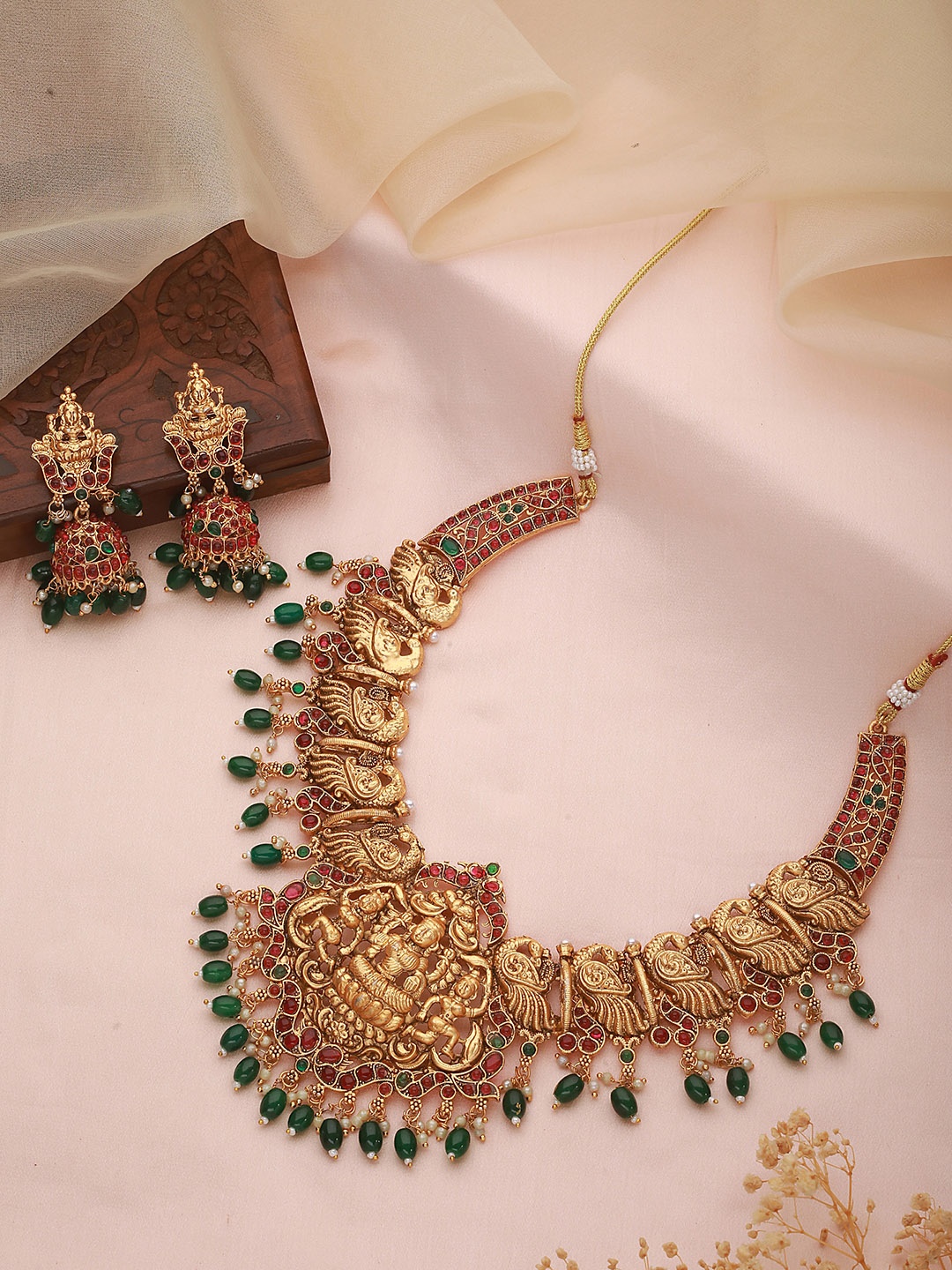 

Saraf RS Jewellery Gold-Plated Stone Studded & Beaded Temple Necklace and Earrings, Pink