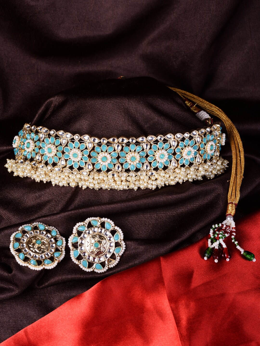 

Saraf RS Jewellery Gold-Plated Kundan-Studded & Beaded Necklace and Earrings, Blue