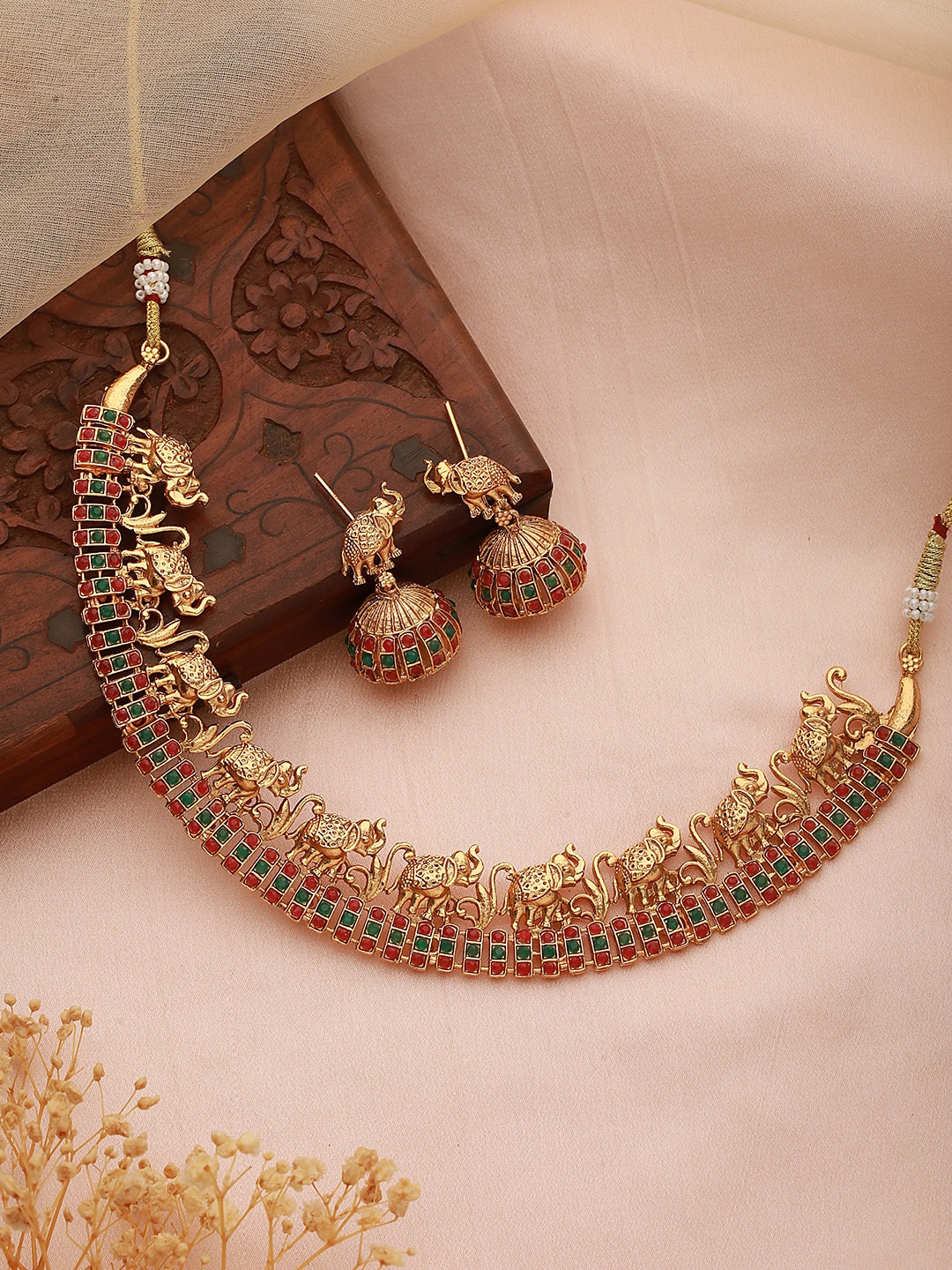 

Saraf RS Jewellery Gold-Plated AD Studded Temple Necklace and Earrings, Pink