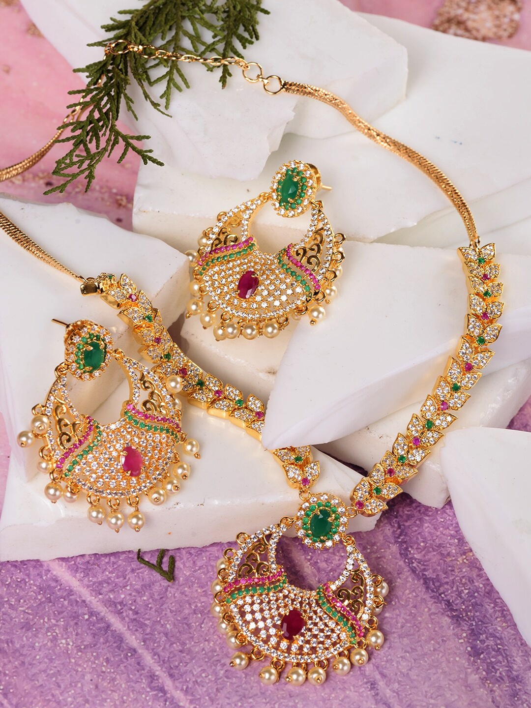 

Saraf RS Jewellery Gold-Plated AD Studded & Beaded Necklace and Earrings, White