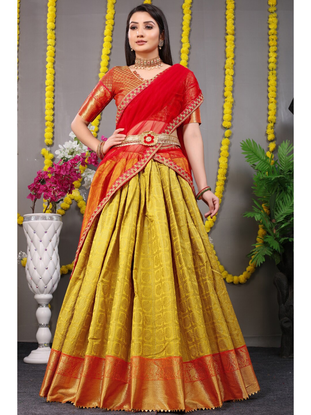 

Angroop Yellow & Red Semi-Stitched Lehenga & Unstitched Blouse With Dupatta