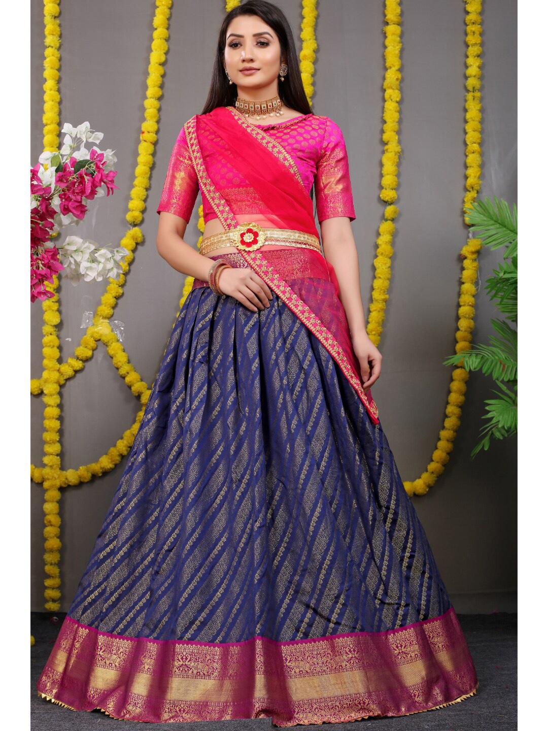 

Angroop Woven Design Semi-Stitched Lehenga & Unstitched Blouse With Dupatta, Navy blue