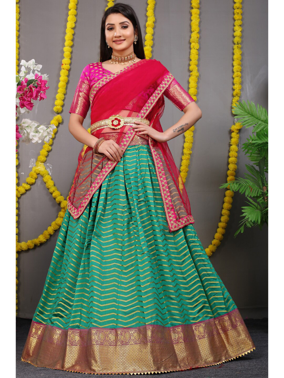 

Angroop Green & Pink Semi-Stitched Lehenga & Unstitched Blouse With Dupatta