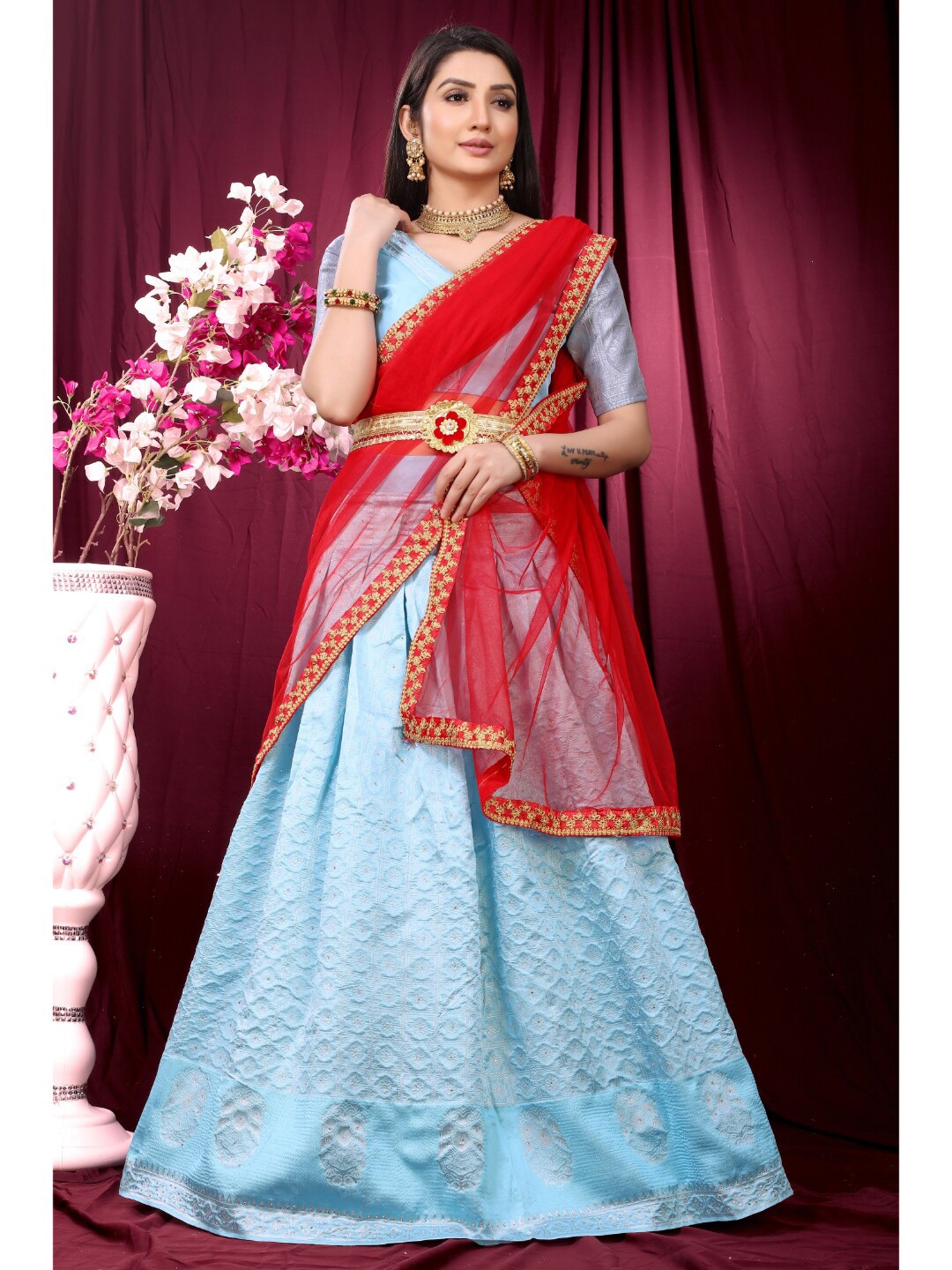 

Angroop Pure Silk Semi-Stitched Lehenga & Unstitched Blouse With Dupatta, Blue