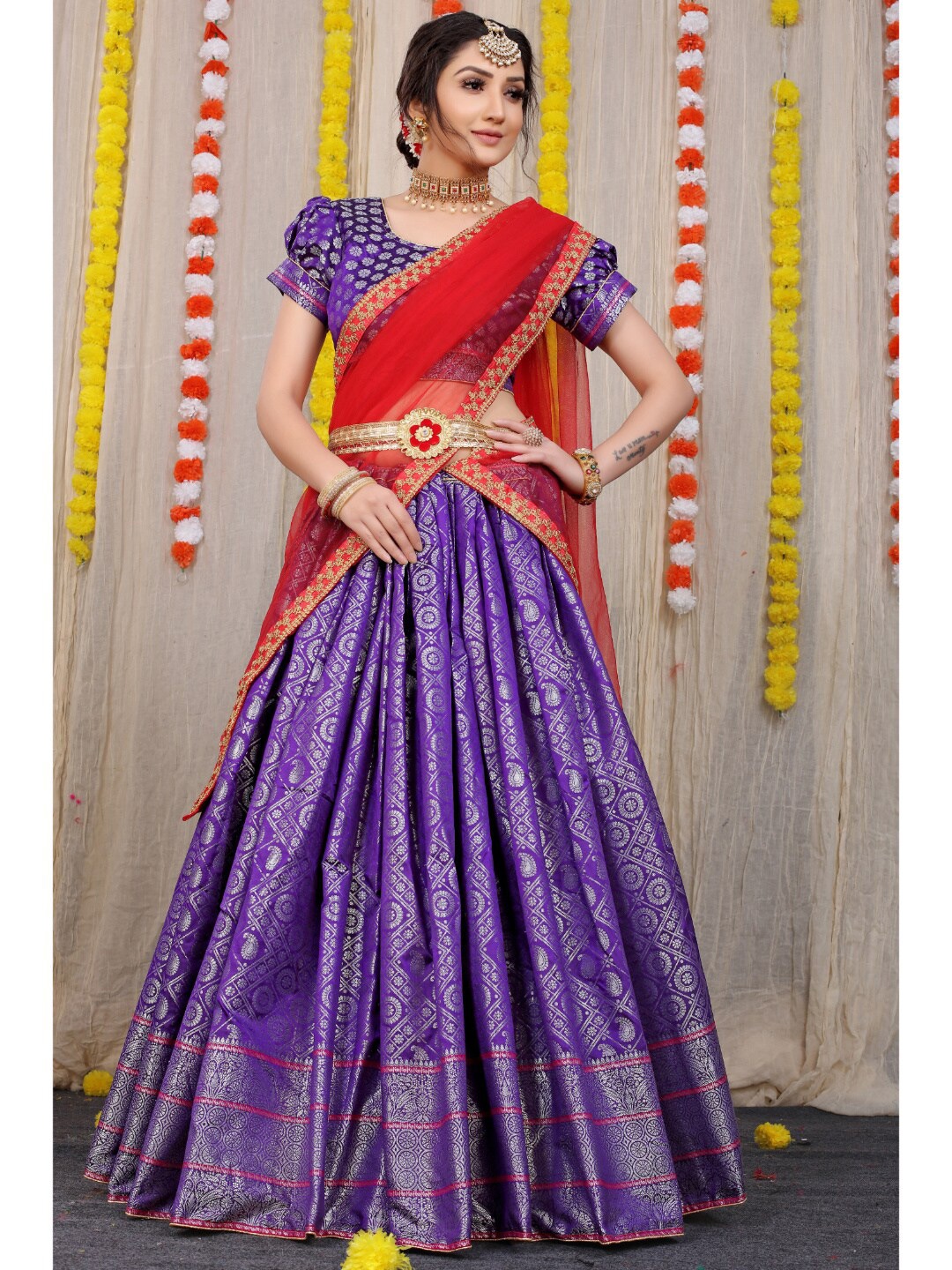 

Angroop Pure Silk Semi-Stitched Lehenga & Unstitched Blouse With Dupatta, Blue