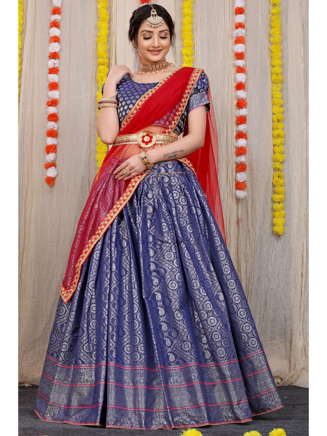 

Angroop Pure Silk Semi-Stitched Lehenga & Unstitched Blouse With Dupatta, Navy blue