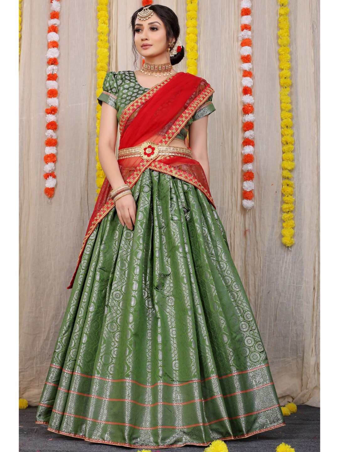 

Angroop Pure Silk Semi Stitched Lehenga & Unstitched Blouse With Dupatta, Olive