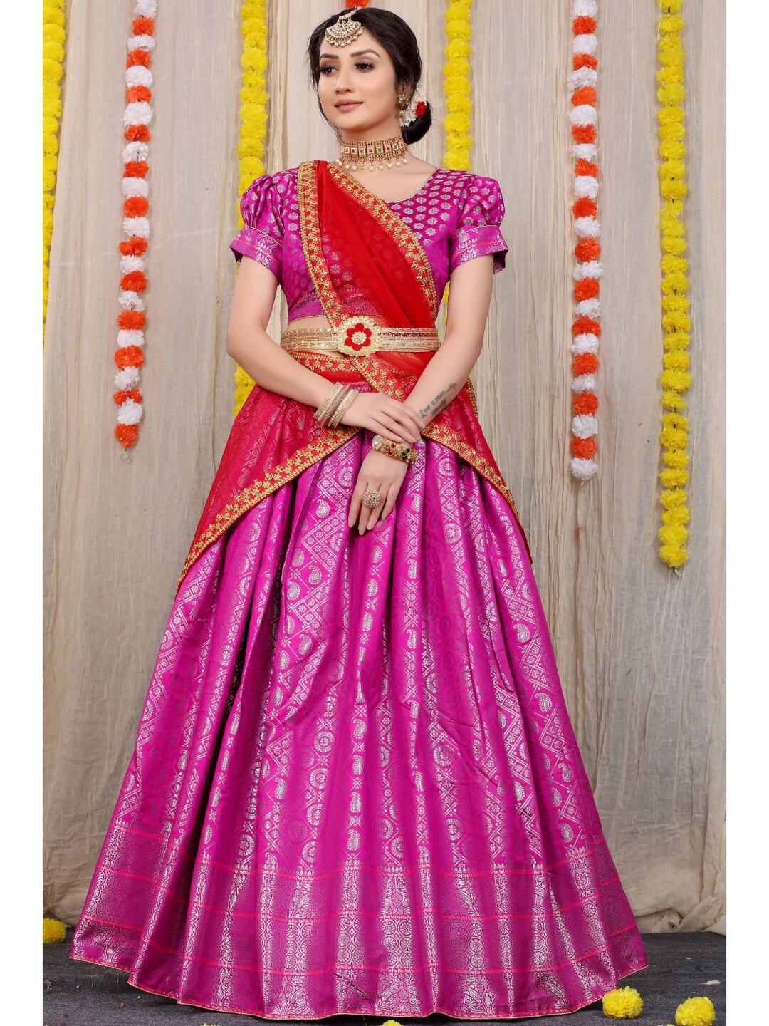 

Angroop Pure Silk Stitched Lehenga & Unstitched Blouse With Dupatta, Pink