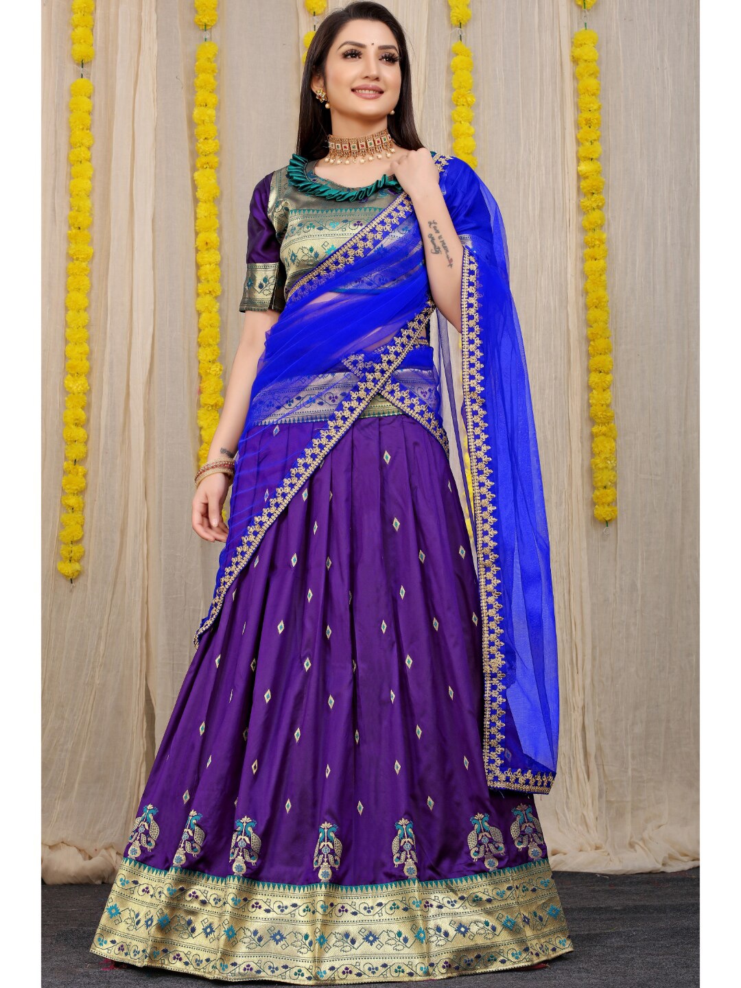 

Angroop Pure Silk Semi-Stitched Lehenga & Unstitched Blouse With Dupatta, Purple