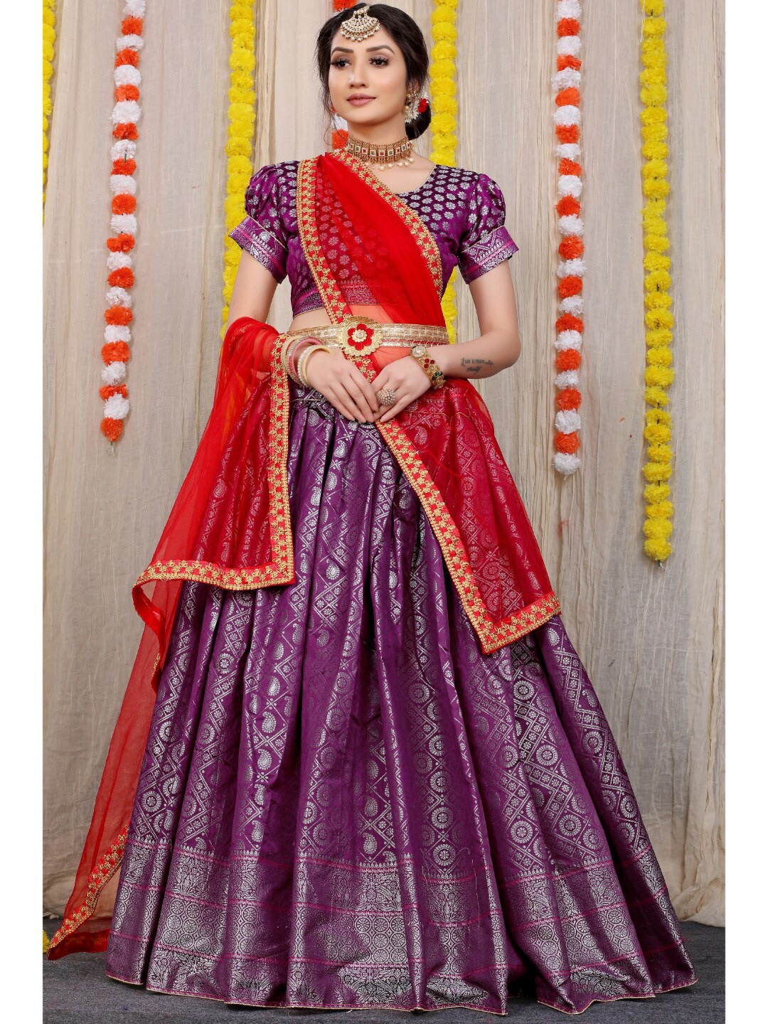 

Angroop Pure Silk Semi-Stitched Lehenga & Unstitched Blouse With Dupatta, Purple