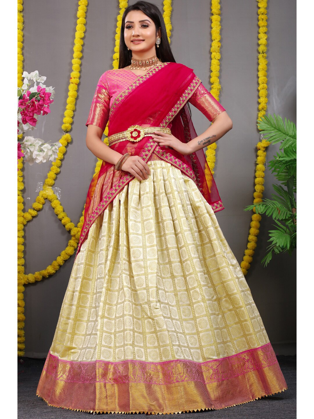 

Angroop Pure Silk Semi-Stitched Lehenga & Unstitched Blouse With Dupatta, Cream