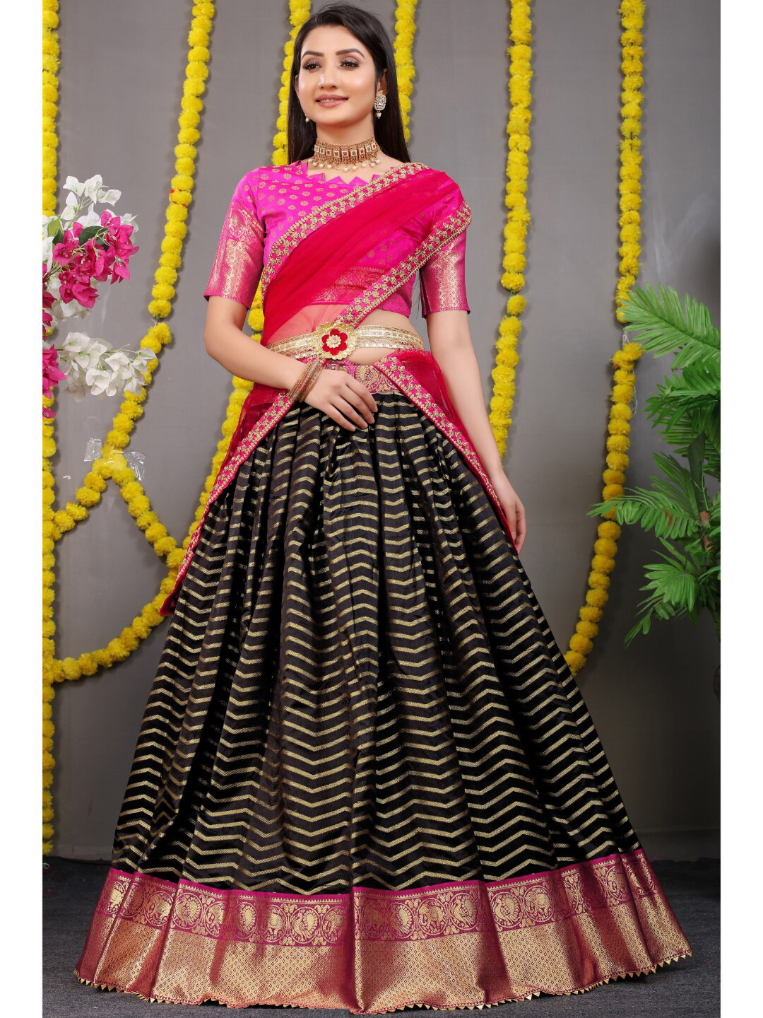 

Angroop Pure Silk Semi Stitched Lehenga & Unstitched Blouse With Dupatta, Black
