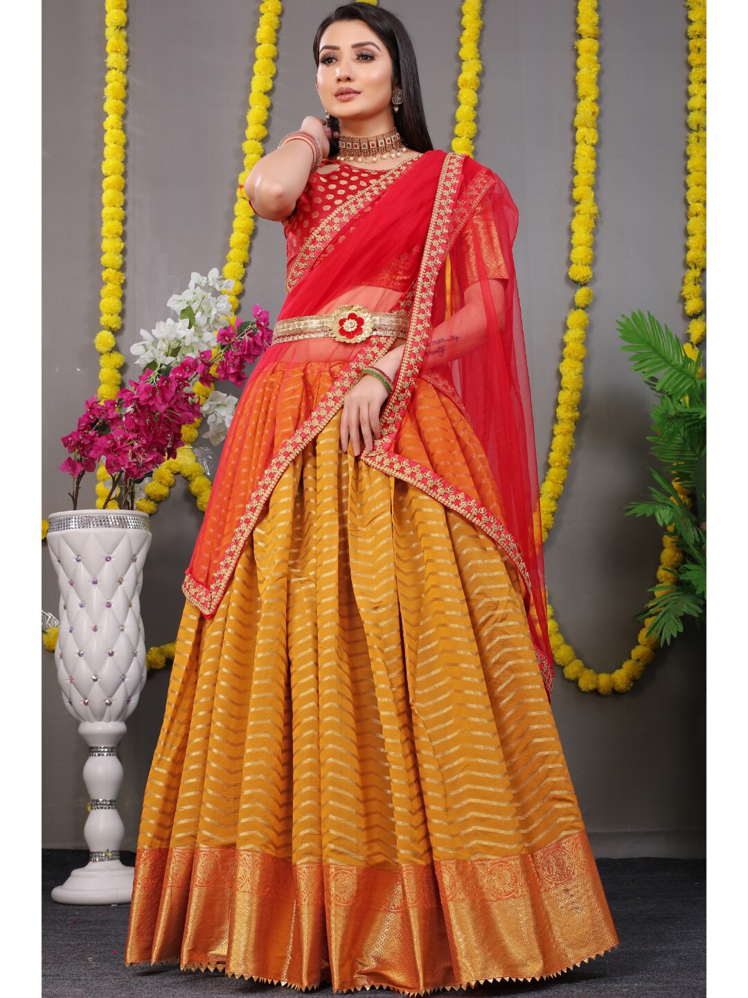 

Angroop Pure Silk Semi-Stitched Lehenga & Unstitched Blouse With Dupatta, Mustard