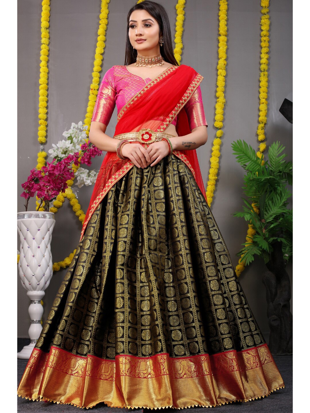 

Angroop Pure Silk Semi-Stitched Lehenga & Unstitched Blouse With Dupatta, Black
