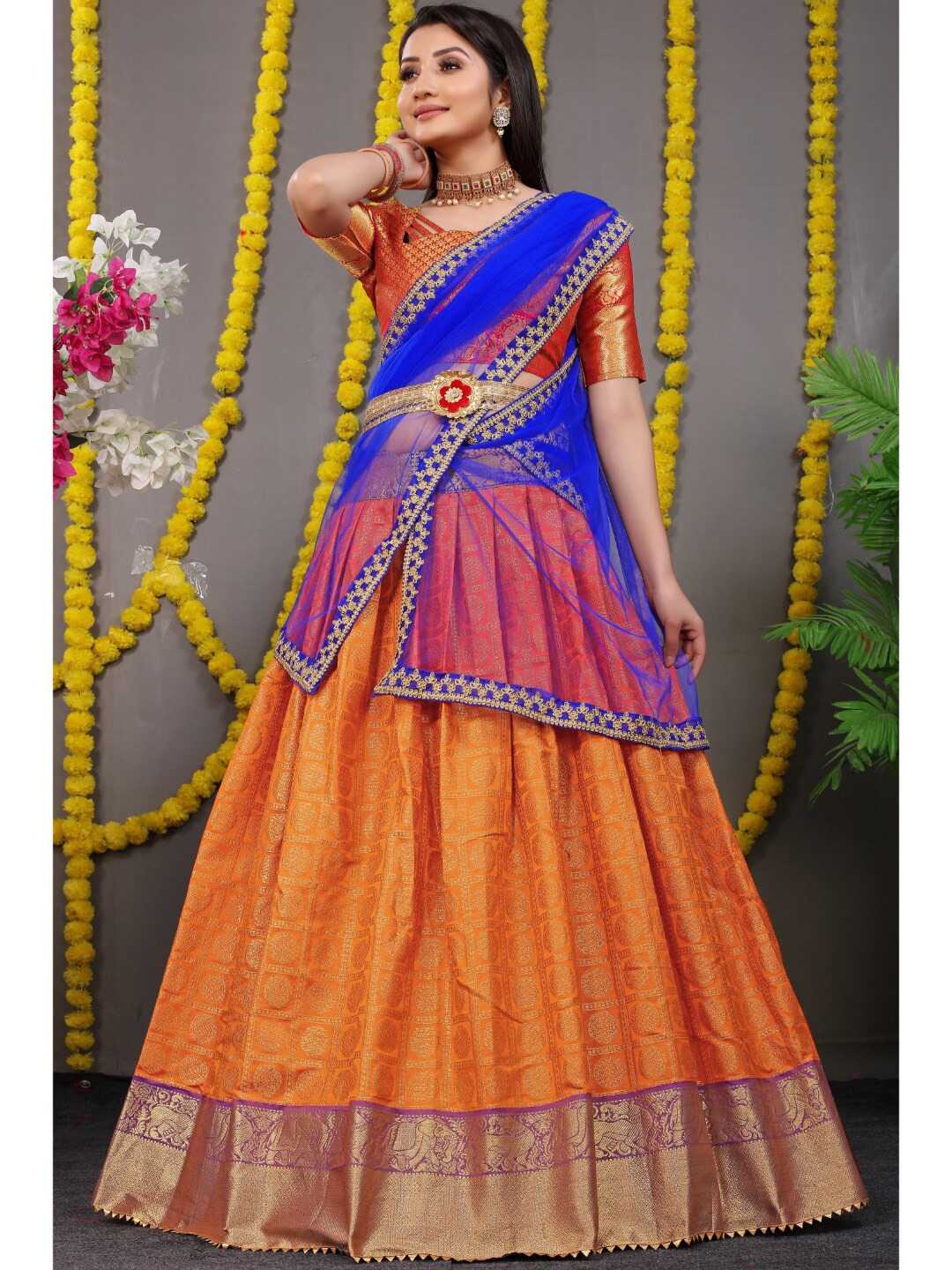 

Angroop Pure Silk Semi Stitched Lehenga & Unstitched Blouse With Dupatta, Orange