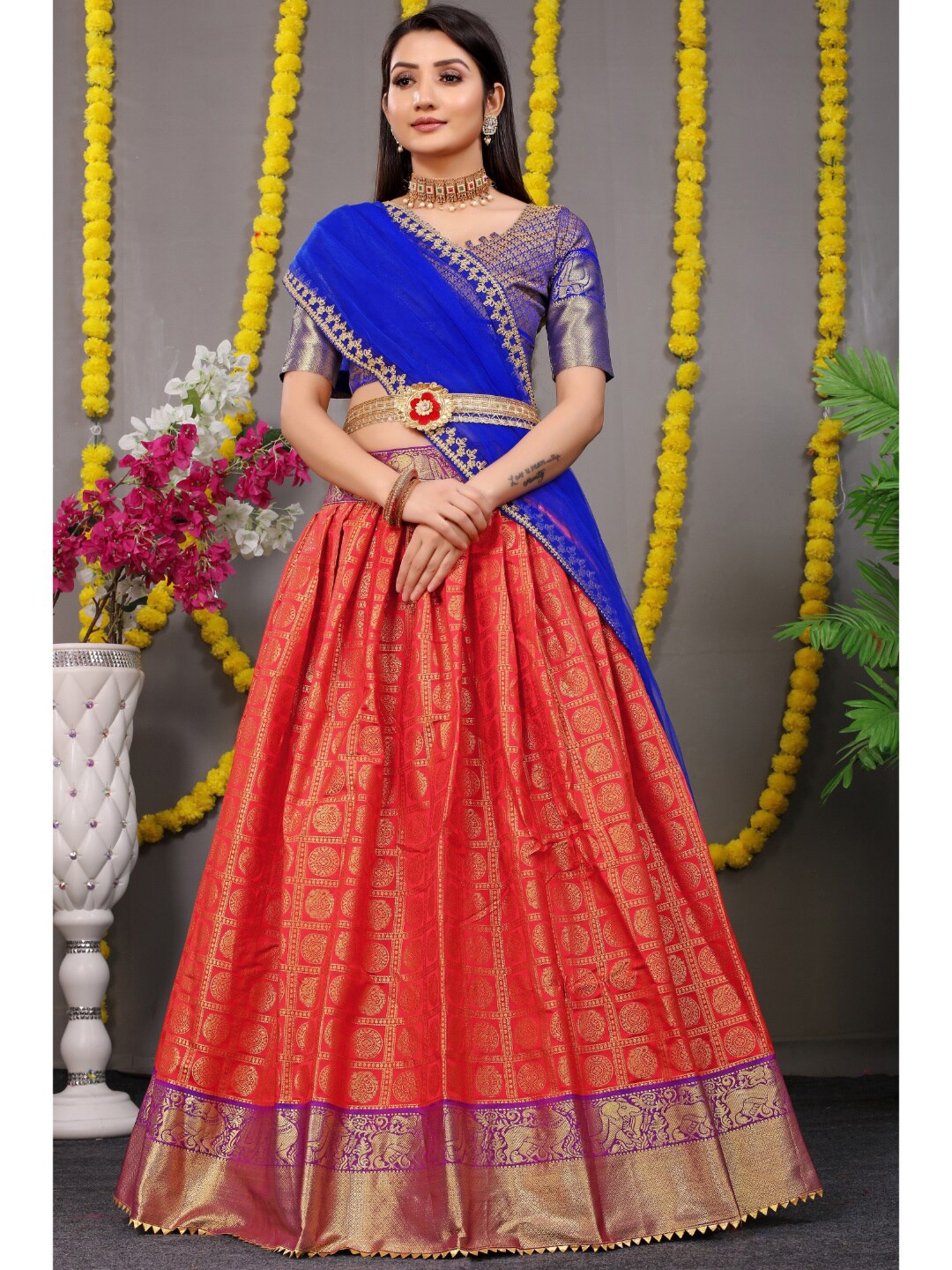 

Angroop Pure Silk Semi Stitched Lehenga & Unstitched Blouse With Dupatta, Red
