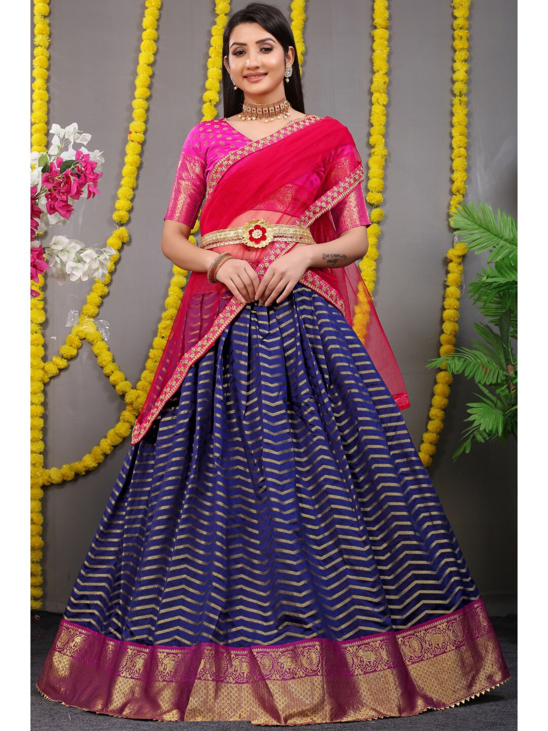 

Angroop Semi-Stitched Lehenga & Unstitched Blouse With Dupatta, Navy blue