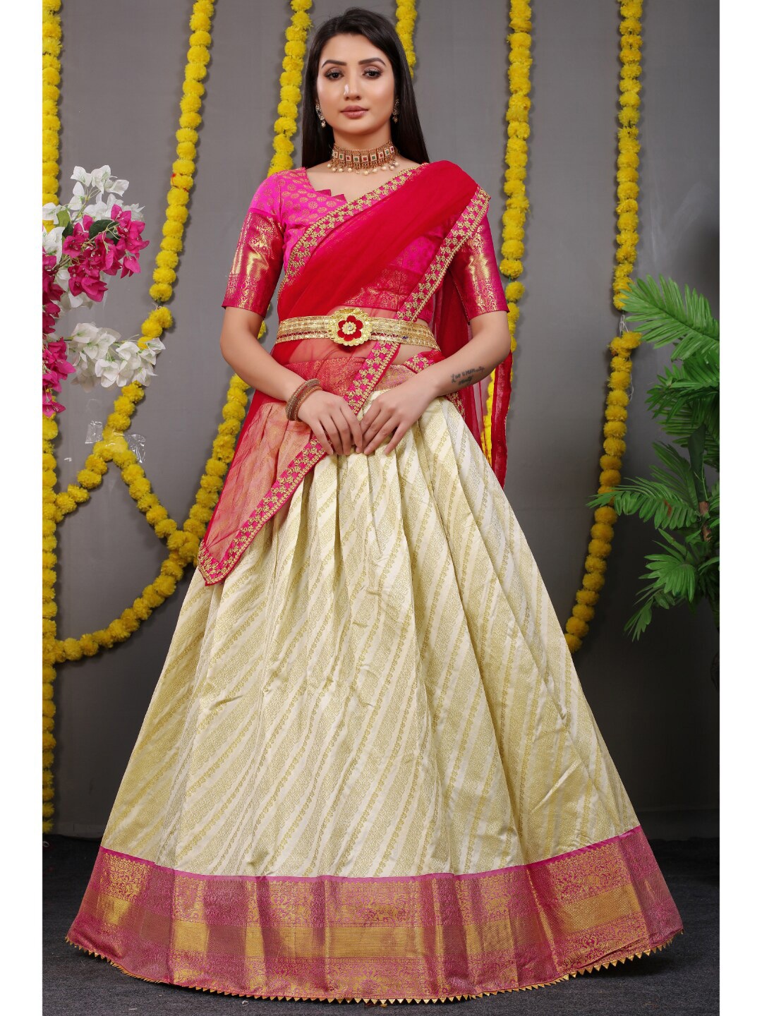 

Angroop Semi-Stitched Pure Silk Zari Lehenga & Unstitched Blouse With Dupatta, Cream