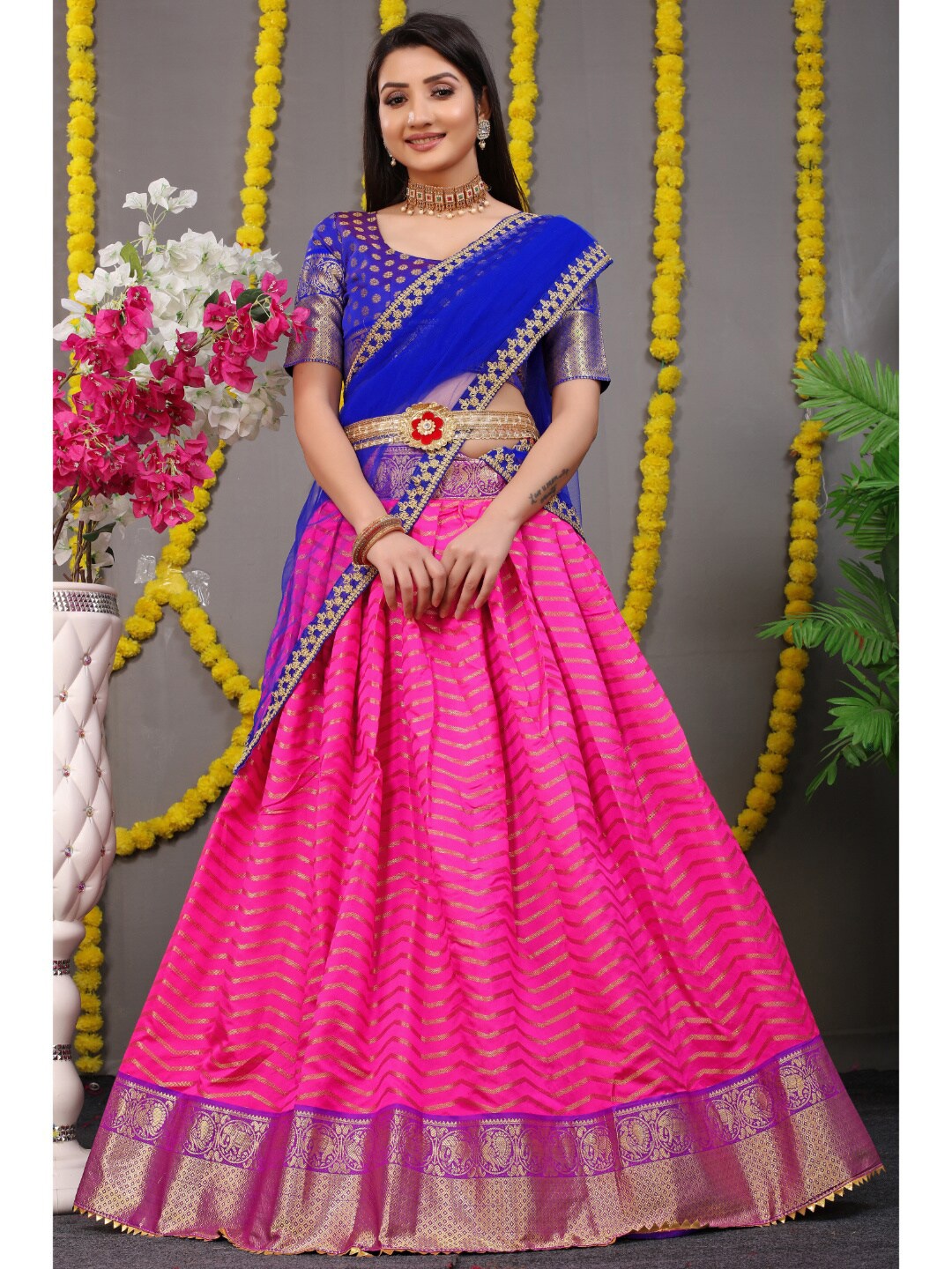 

Angroop Semi-Stitched Pure Silk Zari Lehenga & Unstitched Blouse With Dupatta, Pink