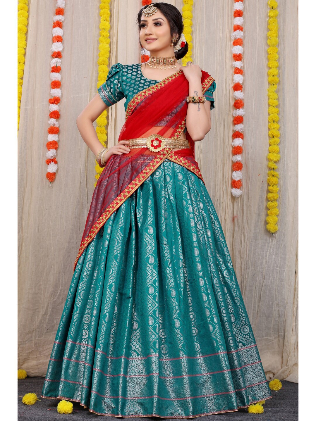 

Angroop Turquoise Blue & Red Semi-Stitched Lehenga & Unstitched Blouse With Dupatta