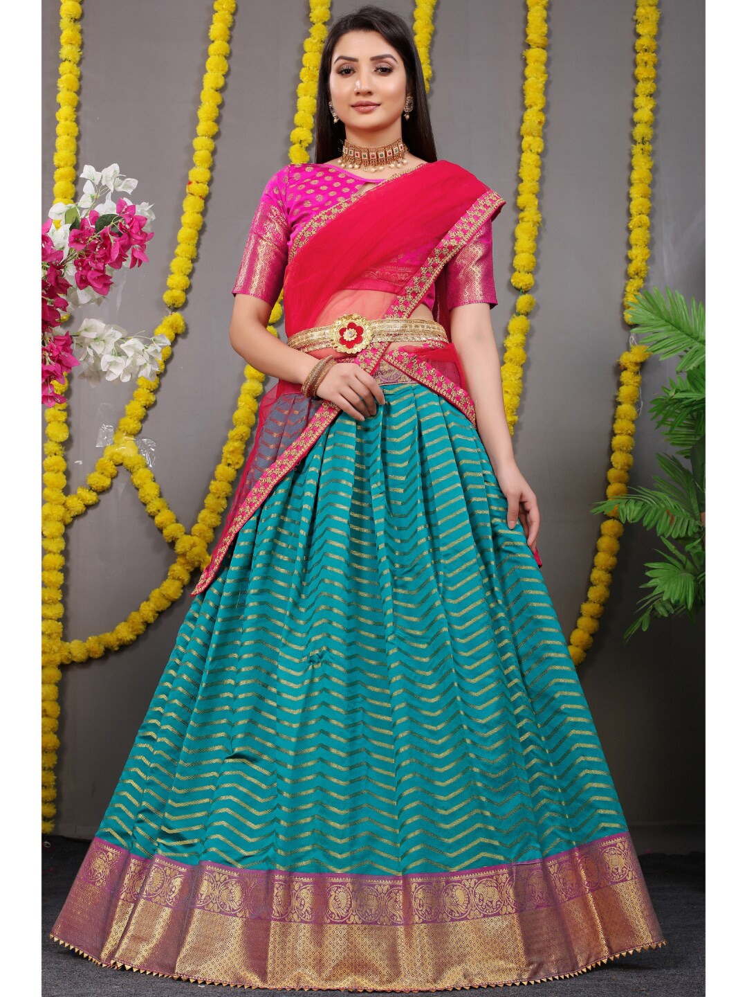 

Angroop Turquoise Blue & Pink Semi-Stitched Lehenga & Unstitched Blouse With Dupatta