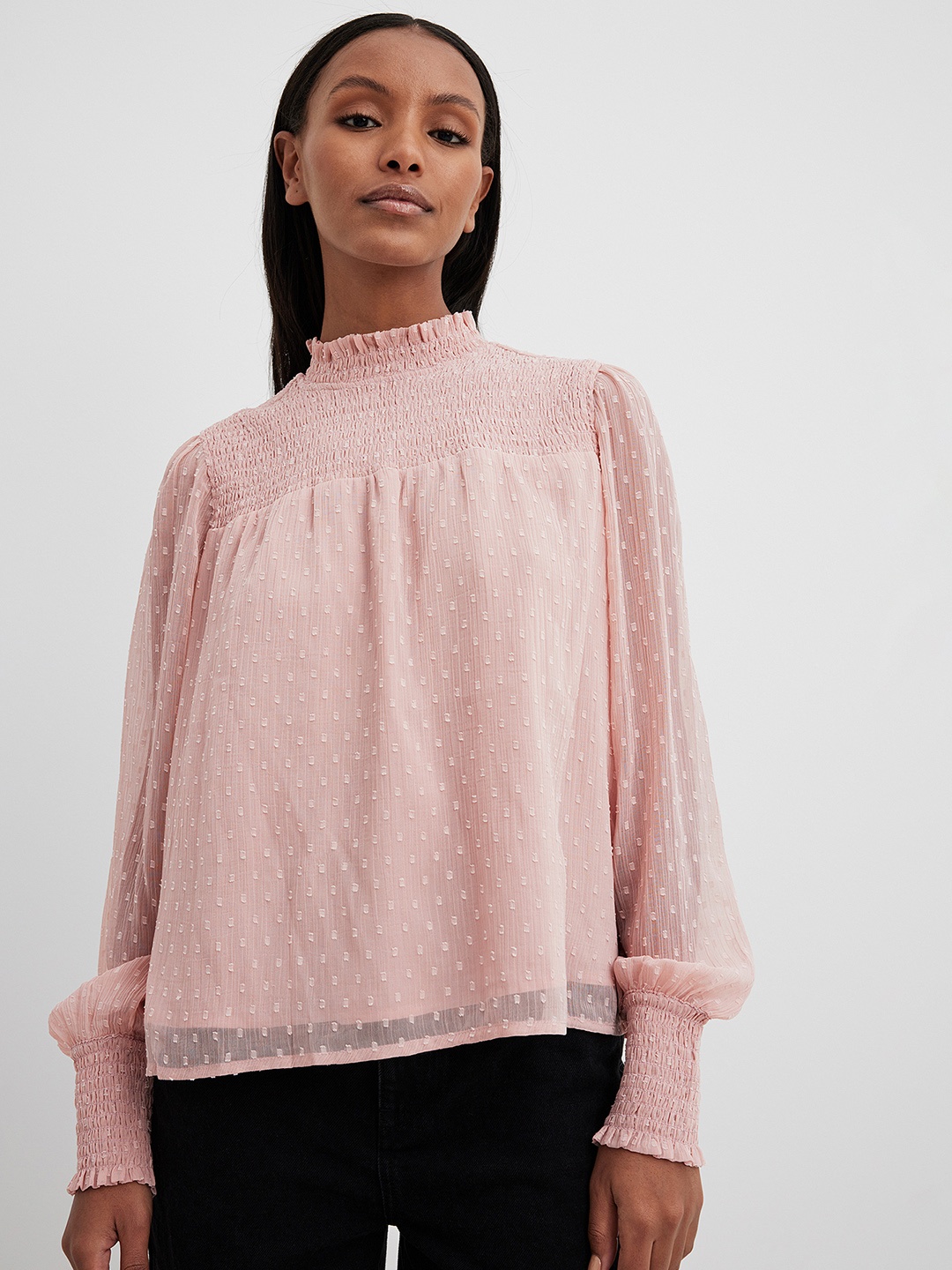 

NA-KD Dobby Weave Mandarin Collar Puff Sleeve Top, Pink