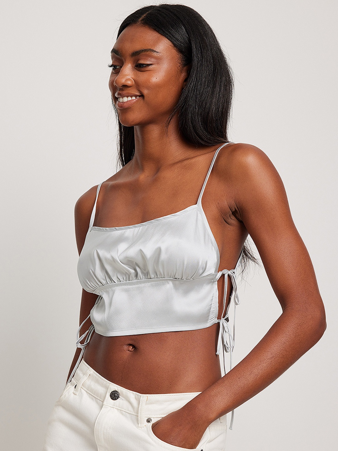 

NA-KD Satin Finish Tie-Up Detail Crop Top, Grey