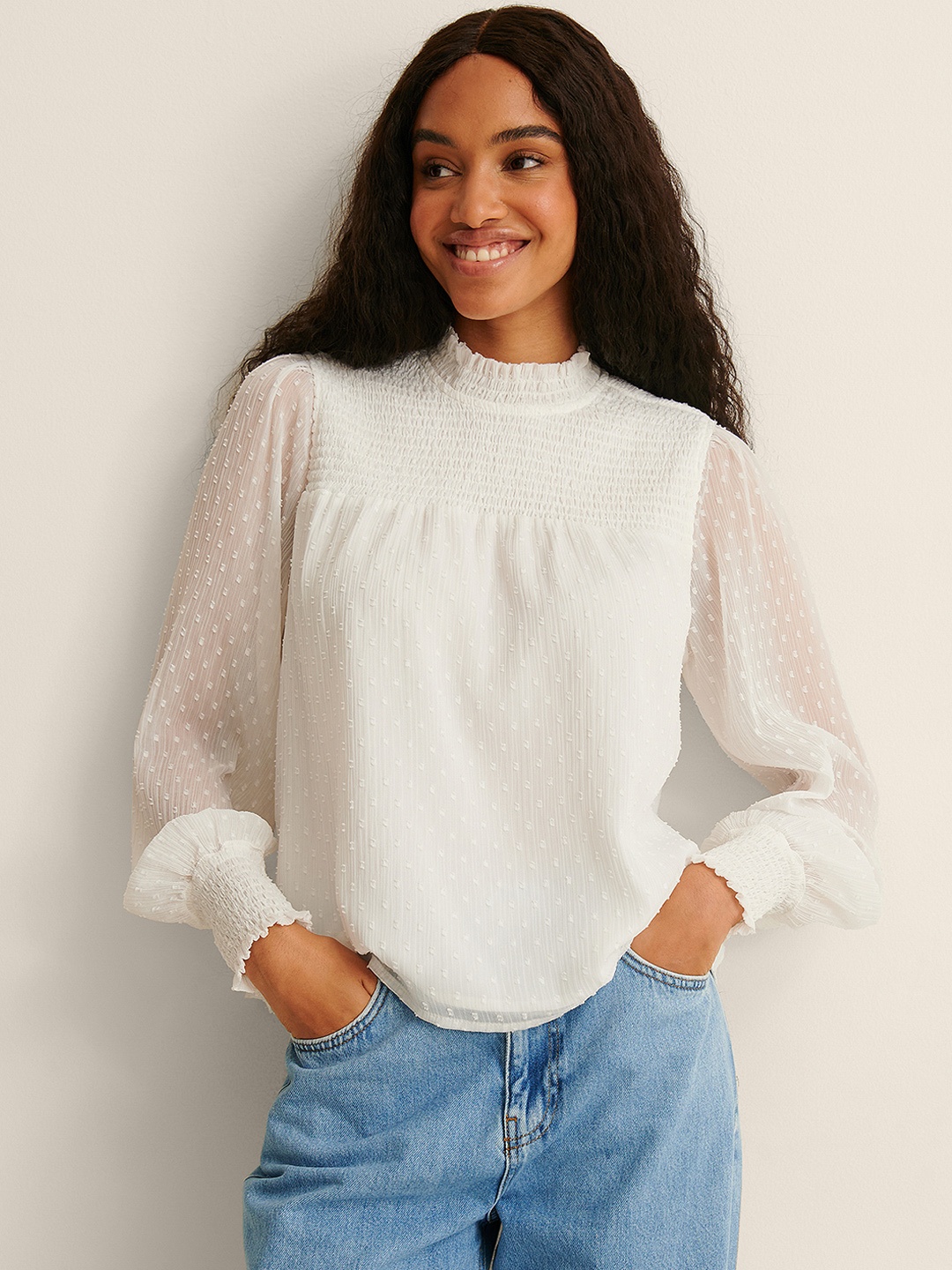 

NA-KD Dobby Weave Smocked Top, White