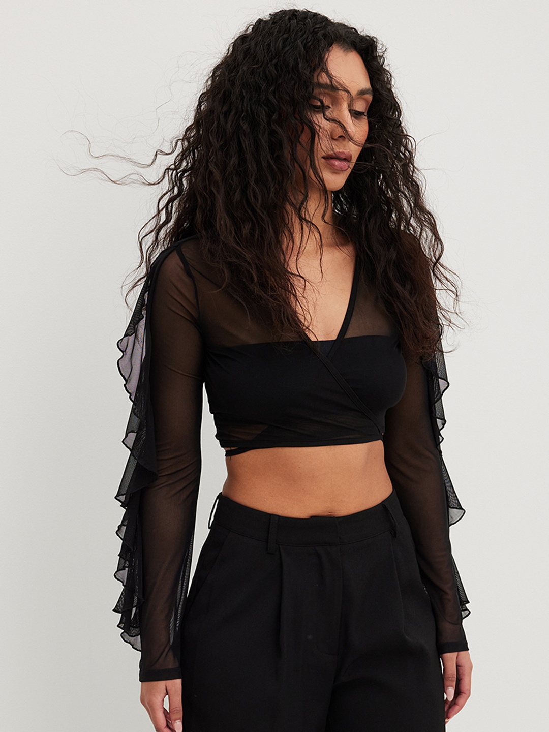 

NA-KD Ruffles Detailed Wrap Crop Top, Black
