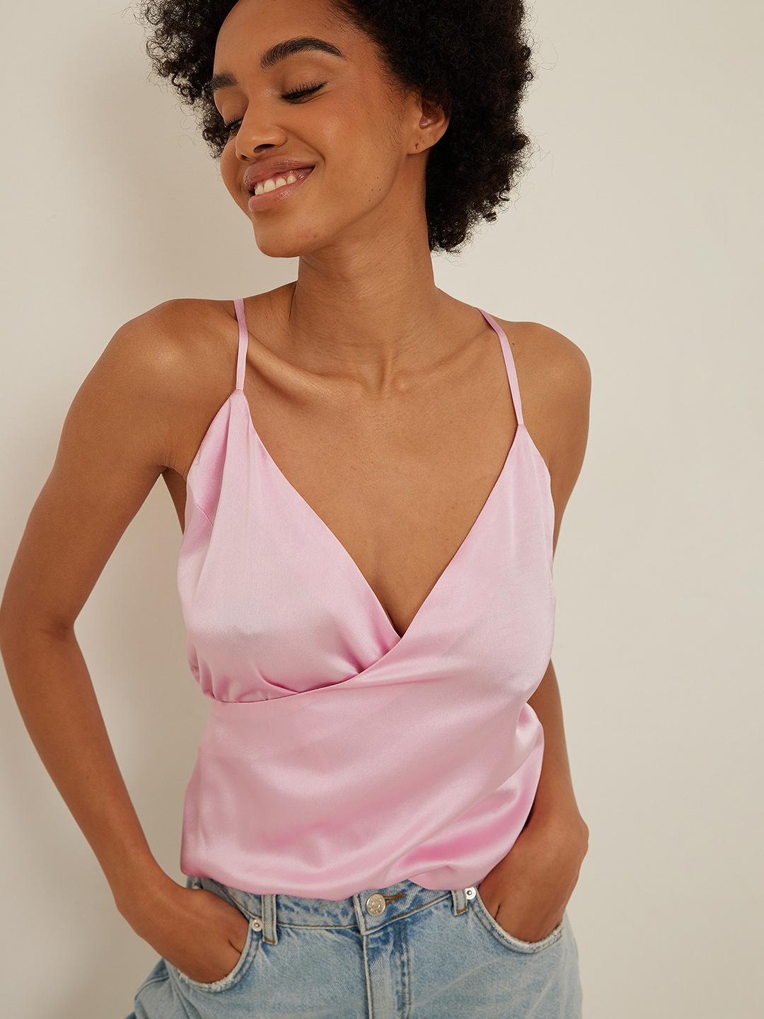 

NA-KD Satin Finish Criss-Cross Back Straps Wrap Top, Pink