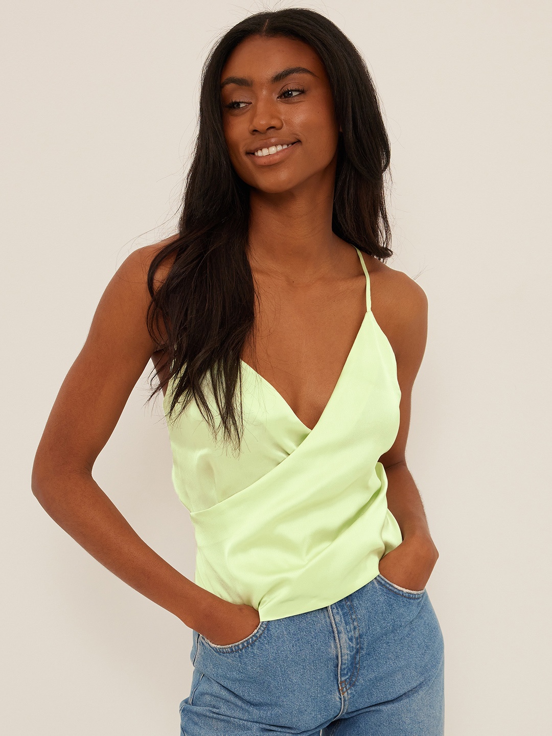 

NA-KD Solid Satin Finish Wrap Top, Green