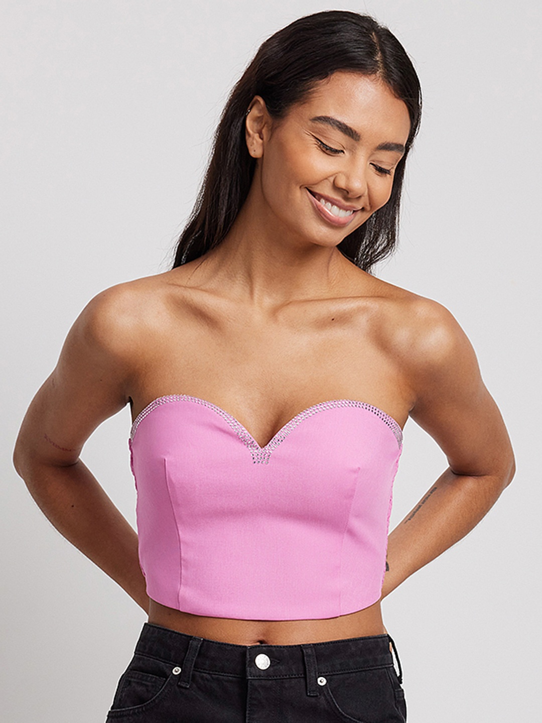 

NA-KD Rhinestone Detail Cropped Tube Top with Smocked Back, Pink