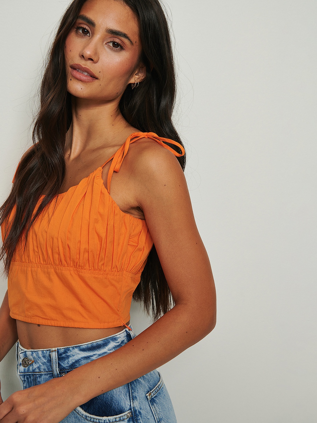 

NA-KD Gathered Tie-Up Neck Cotton Crop Top, Orange