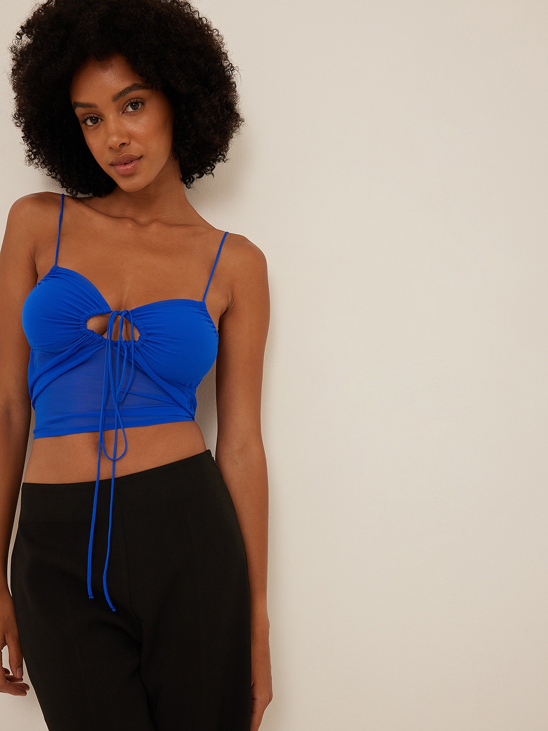 

NA-KD Shoulder Strap Cut-Out Detail Tie-up Chiffon Crop Top, Blue