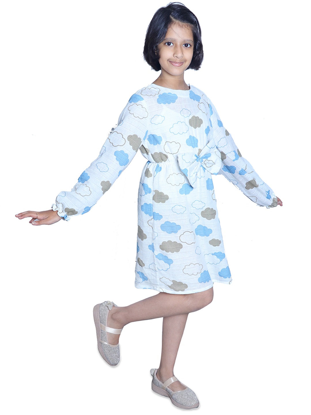 

Little Musketeer Off White Floral Linen A-Line Dress