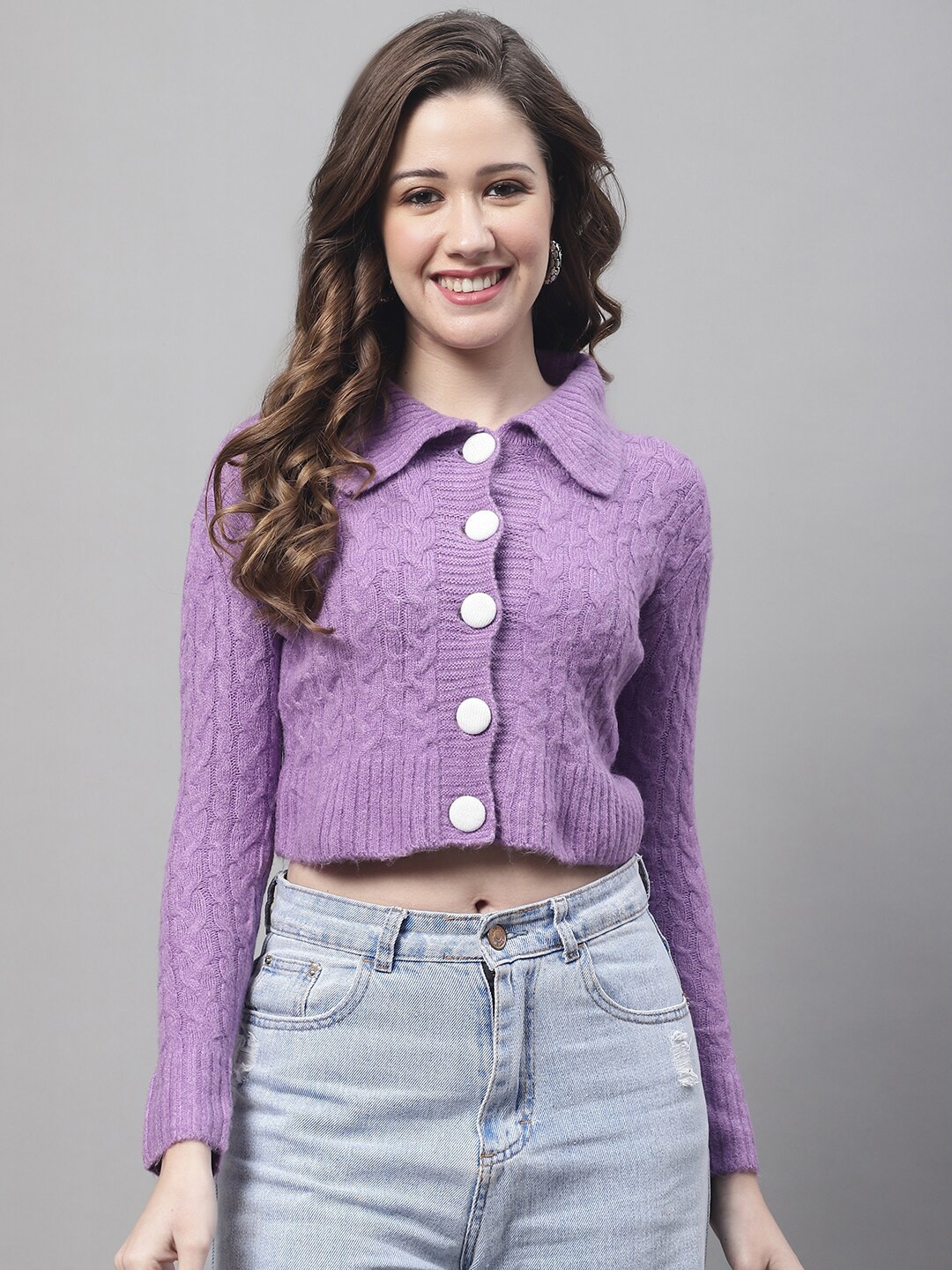 

NoBarr Women Spread Collar Acrylic Cable Knit Crop Cardigan, Purple