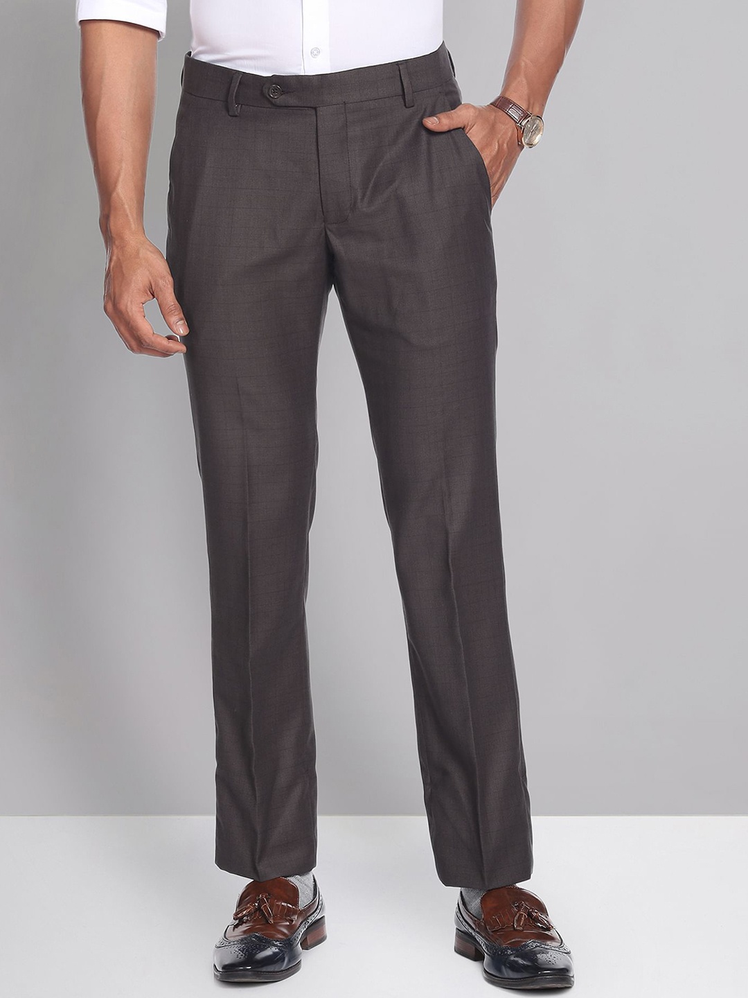 

AD By Arvind Men Checked Mid Rise Formal Trousers, Brown