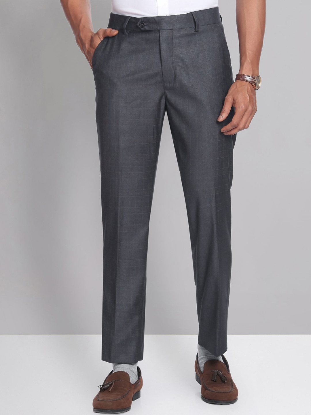 

AD By Arvind Men Checked Mid Rise Formal Trousers, Grey