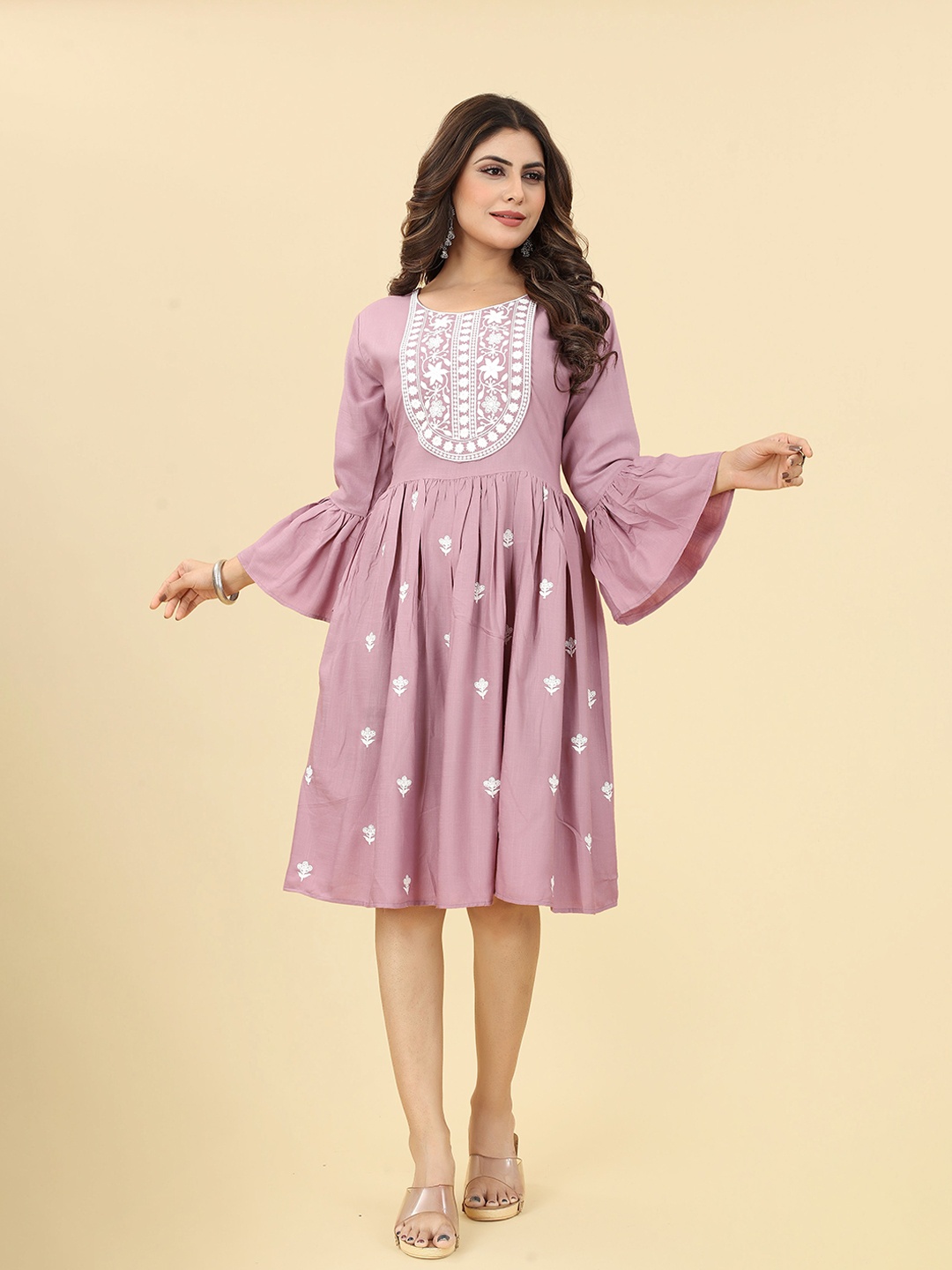 

KALINI Embroidered Bell Sleeves Ethnic Dress, Pink