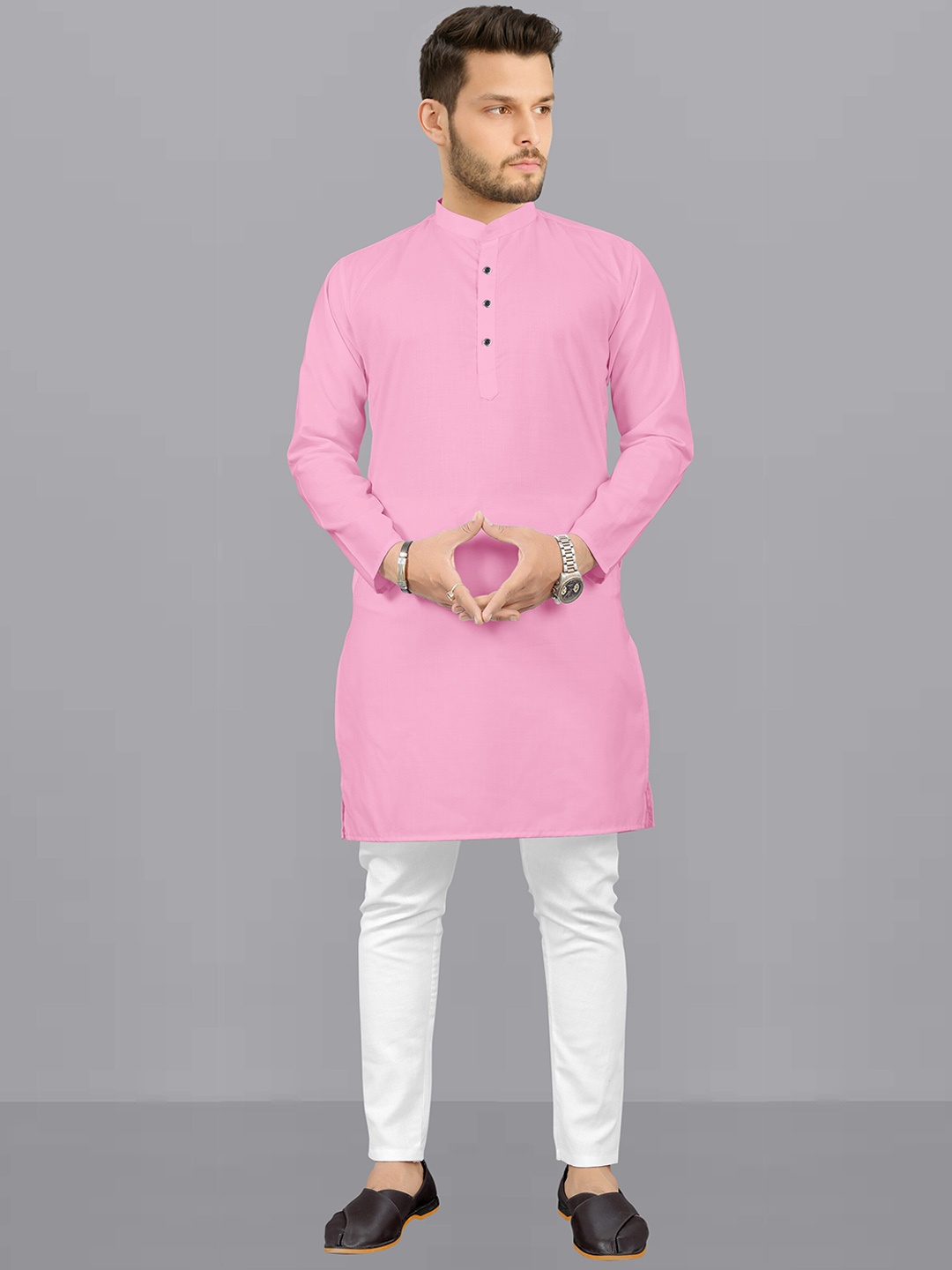 

Fashion FRICKS Men Mandarin Collar Kurta With Pyjamas, Pink