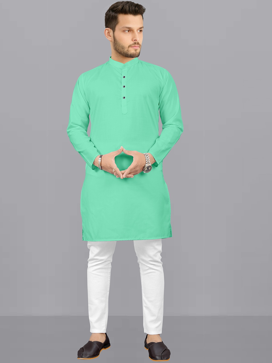 

Fashion FRICKS Men Mandarin Collar Kurta With Pyjamas, Sea green