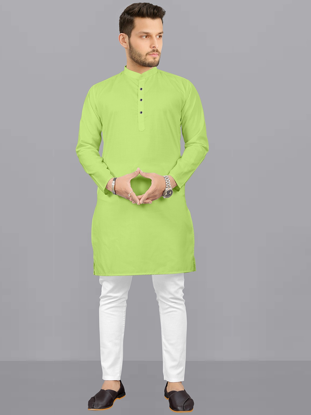 

Fashion FRICKS Men Mandarin Collar Kurta With Pyjamas, Green