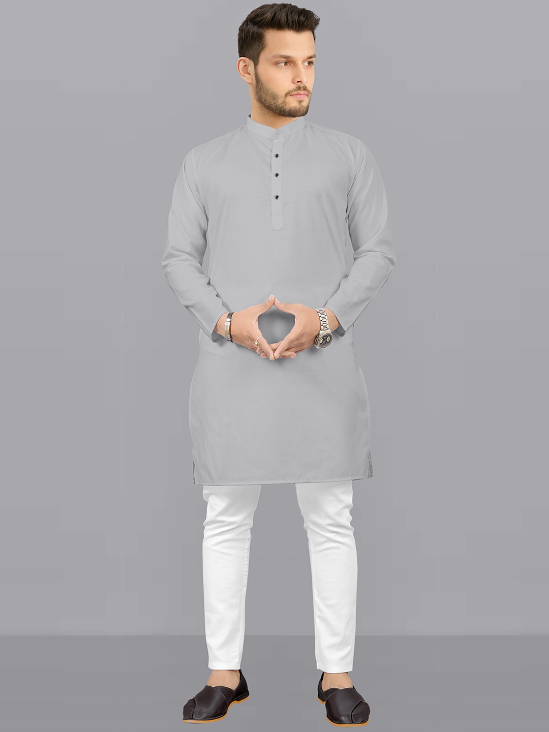 

Fashion FRICKS Mandarin Collar Pure Cotton Kurta with Pyjamas, Grey